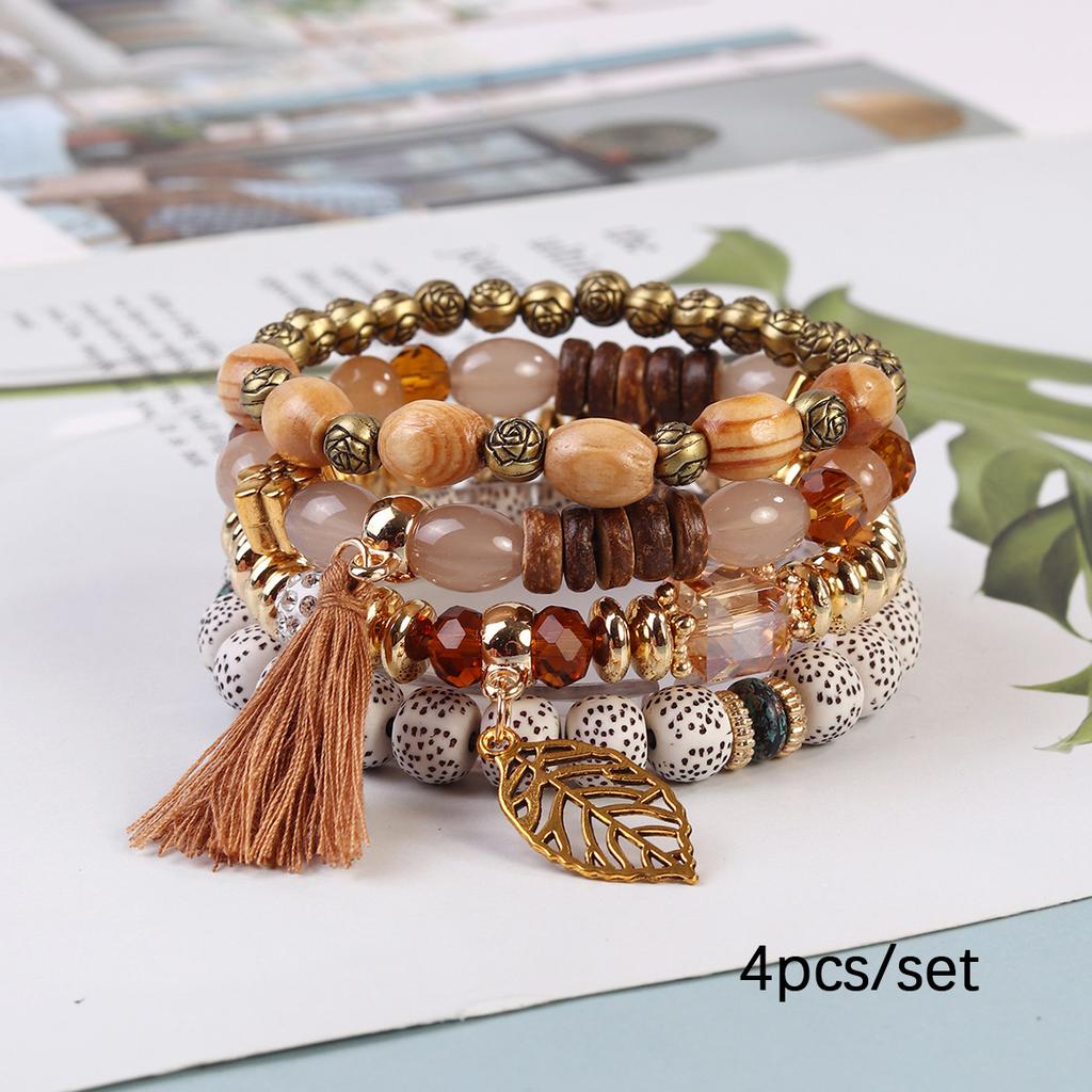 Bohemian Beaded Bracelet Set, Women's Stackable Stretch Bracelets with Tassel & Wing Charm