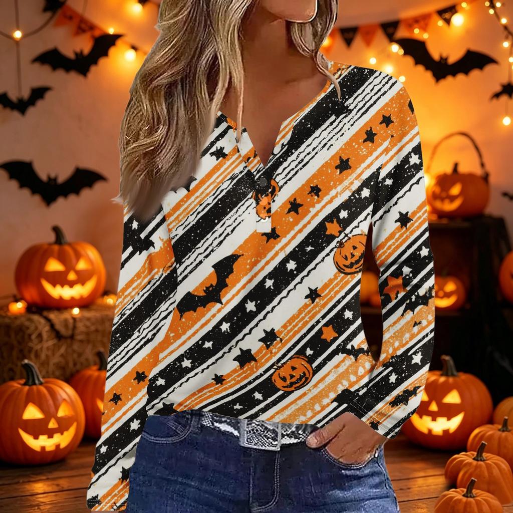 Women's Halloween Print Long Sleeve V Neck Button Detail Casual T Shirt Top with Festive Graphic Design for Seasonal Wear