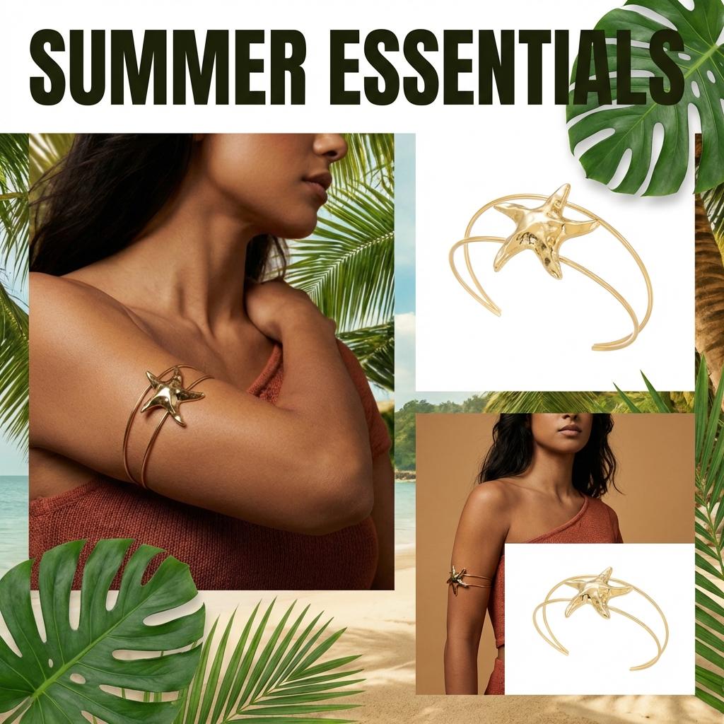 Gold Color Starfish Arm Cuff Upper Arm Bracelet  for Women Adjustable Boho Double Wire Bangle Summer Beach Wedding Jewelry Gift