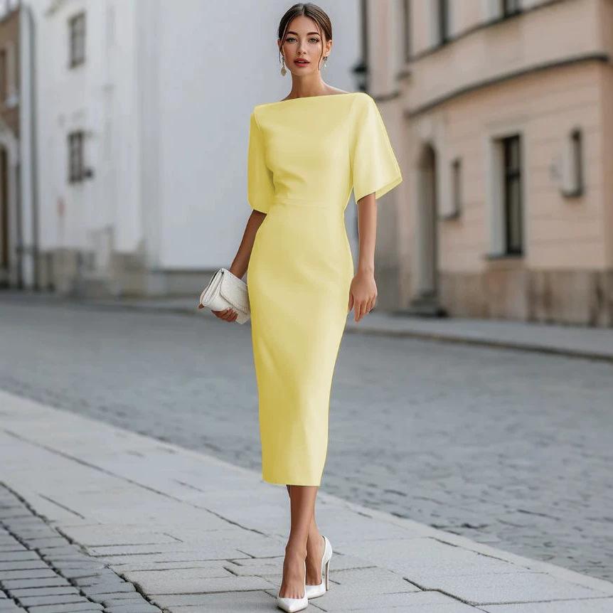 European and American summer new elegant commuter solid color one-word collar women's dress