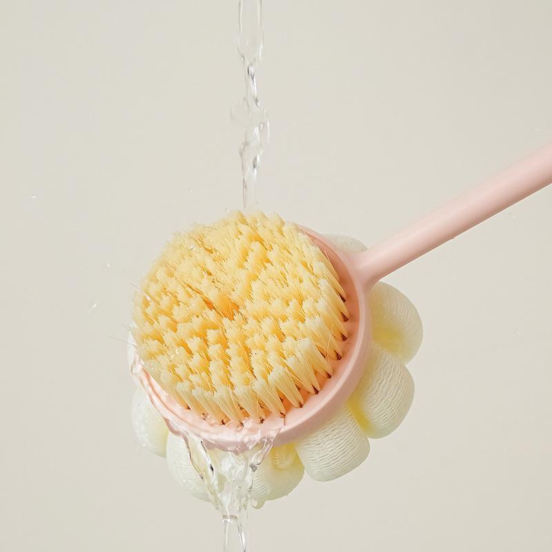 2 In 1 Long Handle Exfoliating Bath Brush Soft Bristles Loofah Puff Back Scrubber for Home Shower Body Cleaning