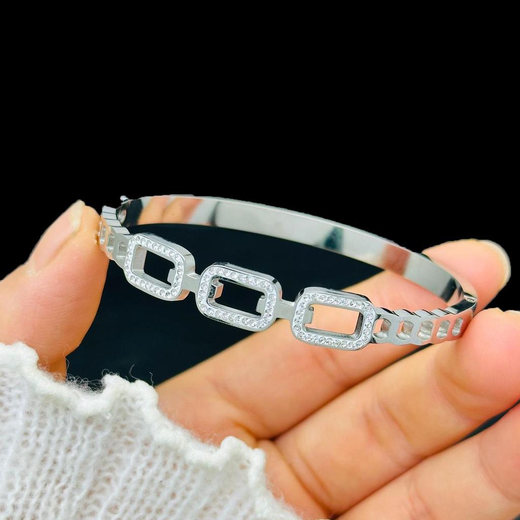 High-End Women's Silver Titanium Steel Zircon Bangle Bracelet