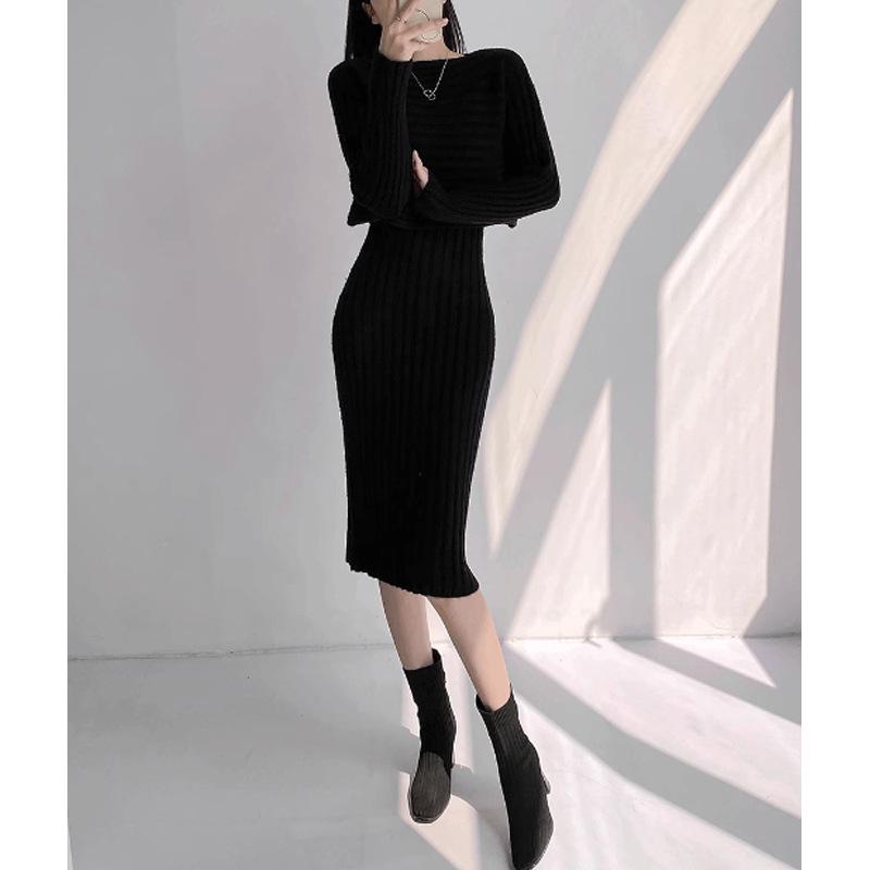 Korean Elegant Two-Piece Knit Sweater Dress for Women - Autumn/Winter Mid-Length Style L