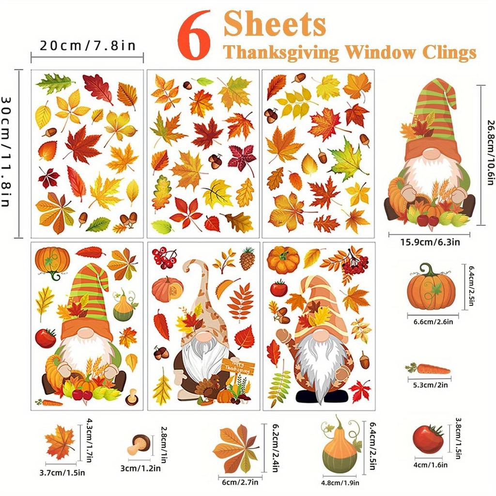 Thanksgiving Autumn Decoration Window Stickers,Self-adhesive Decorations Glass Window Pictures Autumn Leaves and dwarves Sticker
