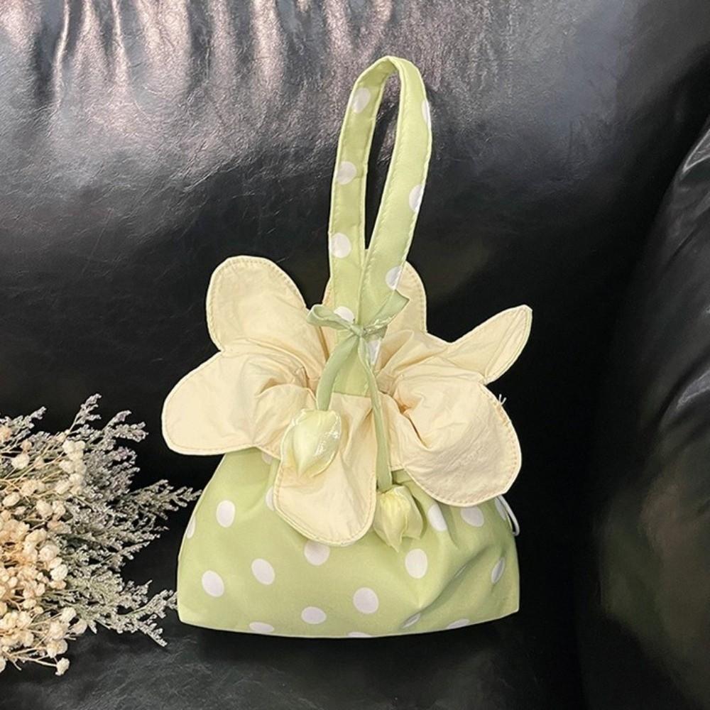 Floral Trim Polka Dot Flower Bag Flower Pendant Canvas Shoulder Bag Wrist Handbag Storage Bag
