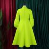 Women Long Sleeve Elegant Dresses Bow Collar High Waisted Pleated Mid Calf Luxury Birthday Party Vestidos Mujer Dress