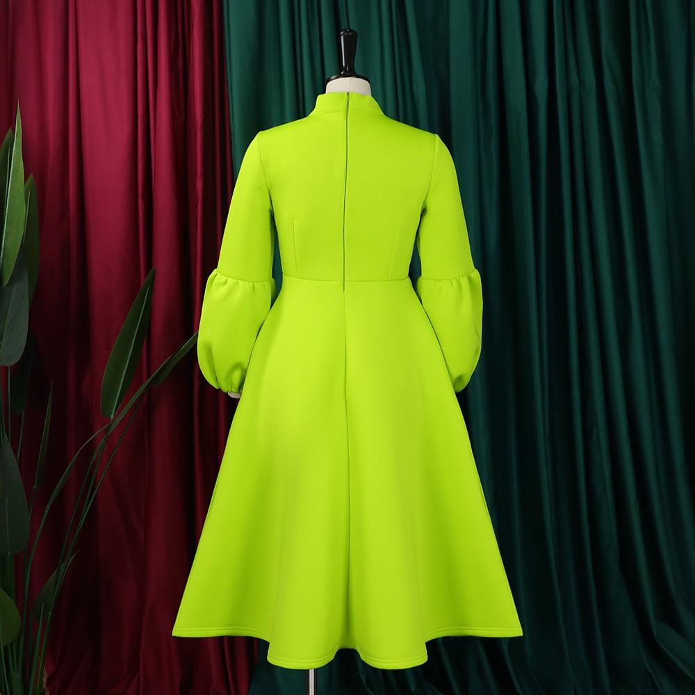 Women Long Sleeve Elegant Dresses Bow Collar High Waisted Pleated Mid Calf Luxury Birthday Party Vestidos Mujer Dress