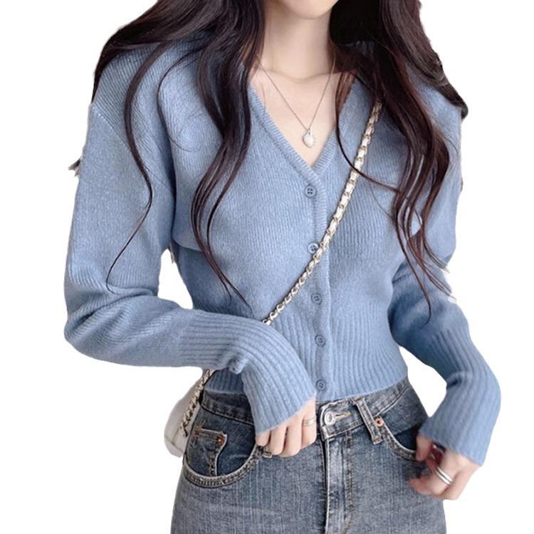2024 Women's Slim Blue Knitted Cardigan: Lazy Autumn/Winter Style
