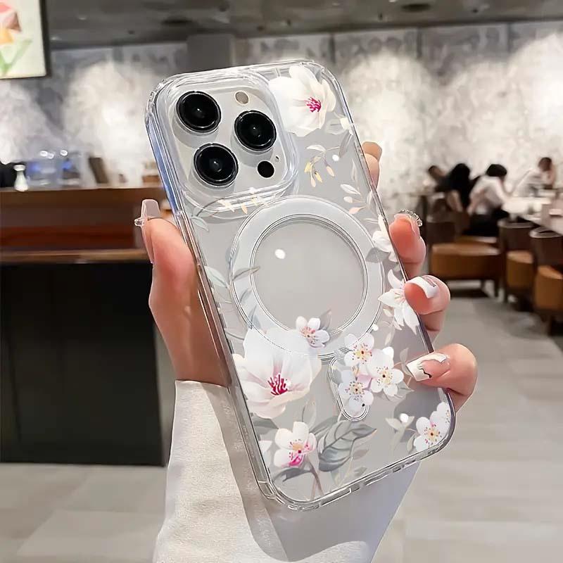 

Magnetic Cover For iPhone 17 16 15 14 13 12 11 Pro X XS Max XR 7 8 Plus 16E Wireless Charge Transparent Phone Case Floral Design iPhone 15 Pro Max