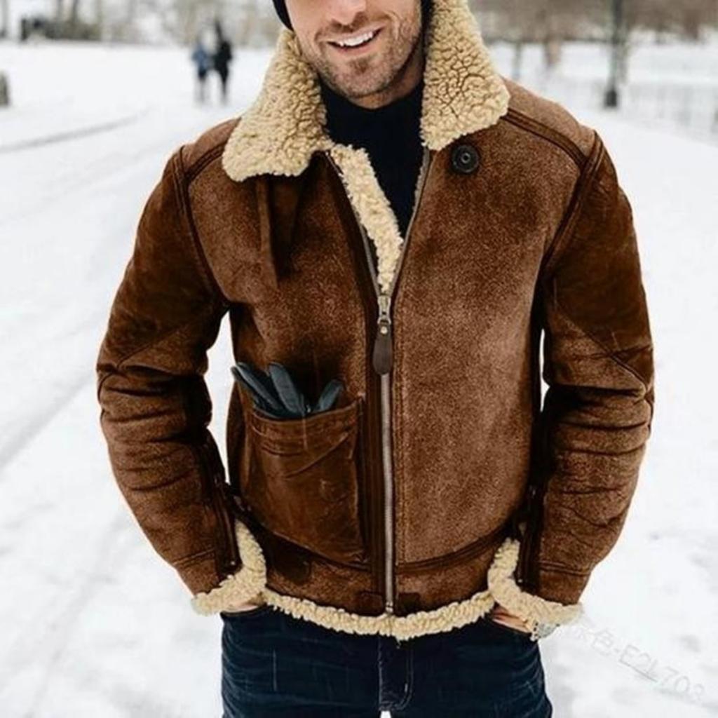Neue Herrenjacke aus Kunstwildleder mit Fleecefutter, Verdickter Colorblock Freizeitmantel, Oberbekleidung im europäischen amerikanischen Stil für den Großhandel