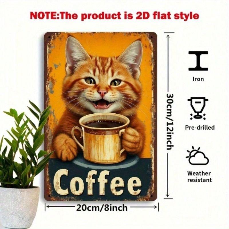 Metal Wall Art Cat Coffee Vintage, Home Decor Poster for Living Room