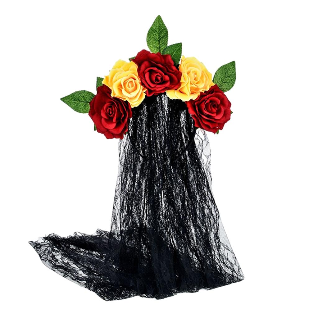 Halloween Gothic Flower Garland With Black Veils Hairband Cosplay Wedding Headpiece Costume Headwear Accessory