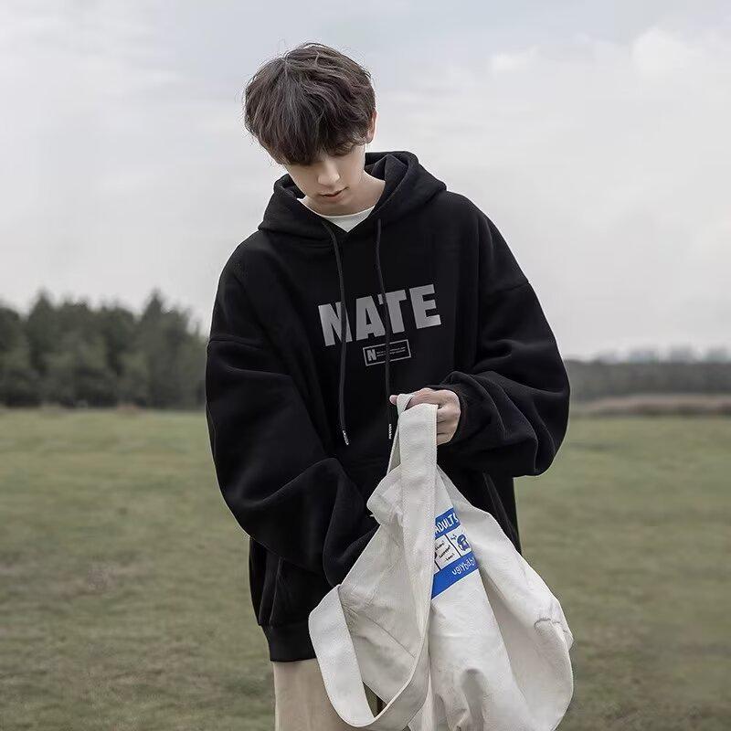 Men s Trendy Autumn Loose-Fit Hoodie: American Hong Kong Style Versatile Printed Sweatshirt S