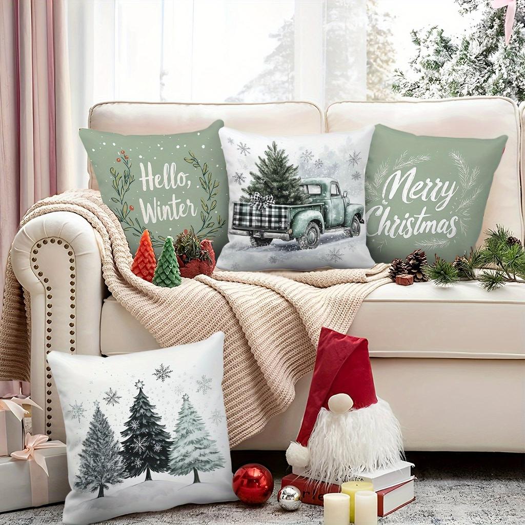 Christmas Pillowcase: Green Card Car Pine, Tree View and Warm Greetings New Year Home Decoration 2d Flat Printing