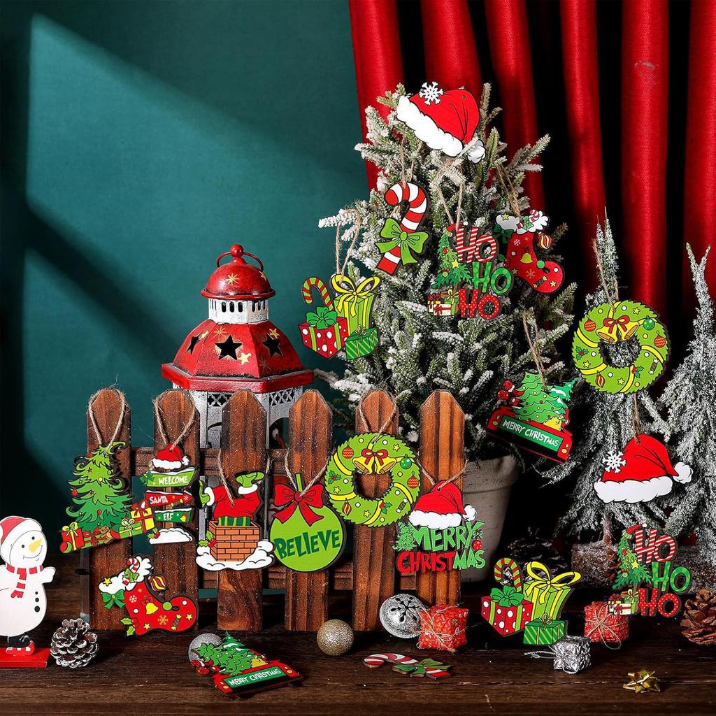 12/24PC Christmas Elf Green Hair Monster Wooden Pendant Xmas Party Christmas Tree Decor Home Festival Scene Hanging Decor Gift