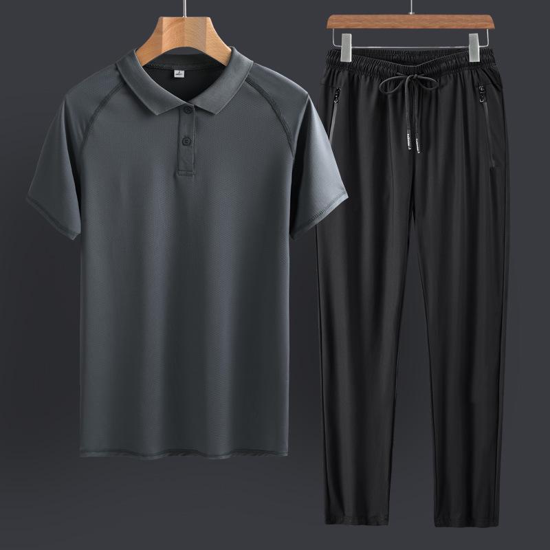 Men's Ice Silk Sports Suit - Comfortable Summer Casual Short Sleeve for Dad, Middle-aged, and Elderly.