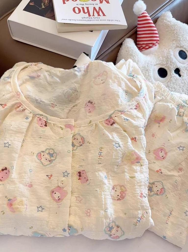 Summer Round Neck Short Sleeve Pajama Set for Women & Girls – Cute & Loose Fit