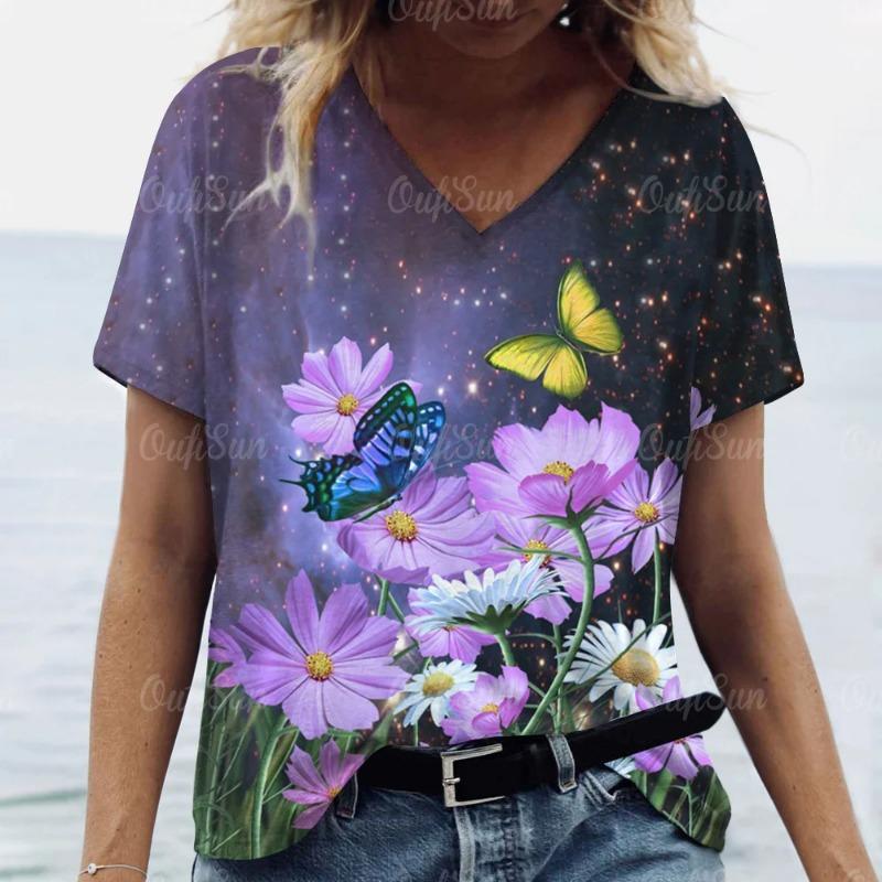Women's V-Neck Print Beautiful Butterfly Pattern Oversized Women's Blouse Y2K Fashion Women's Breathable T-Shirt