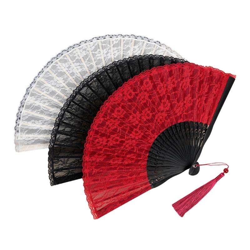 Breathable Lace Fabric Foldable Hand Fan Vintage Dancing Party Props Fabric Handheld Fan Home Decoration Festival Gift