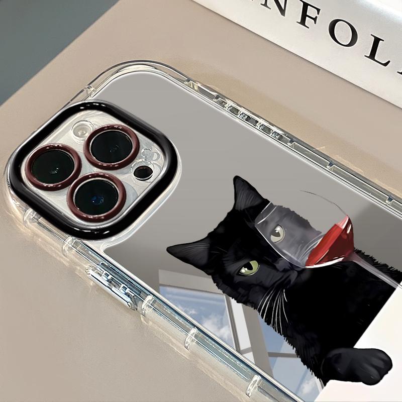Fashionable Red Wine Cat Mirror Phone Case For iPhone 17 Pro Max Cases 7 8 15 14 16 Plus 13 12 11 Pro X XS XR 16E 17 Air Cover