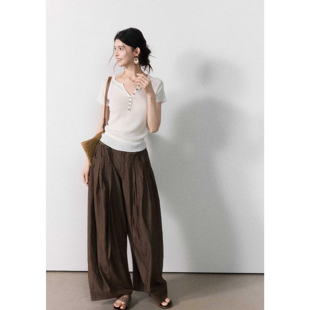 Eryang [Moyi] Gentle Temperament Semi-open V-neck Short-sleeved Knitted Sweater for Women, Slim and Thin Temperament Top