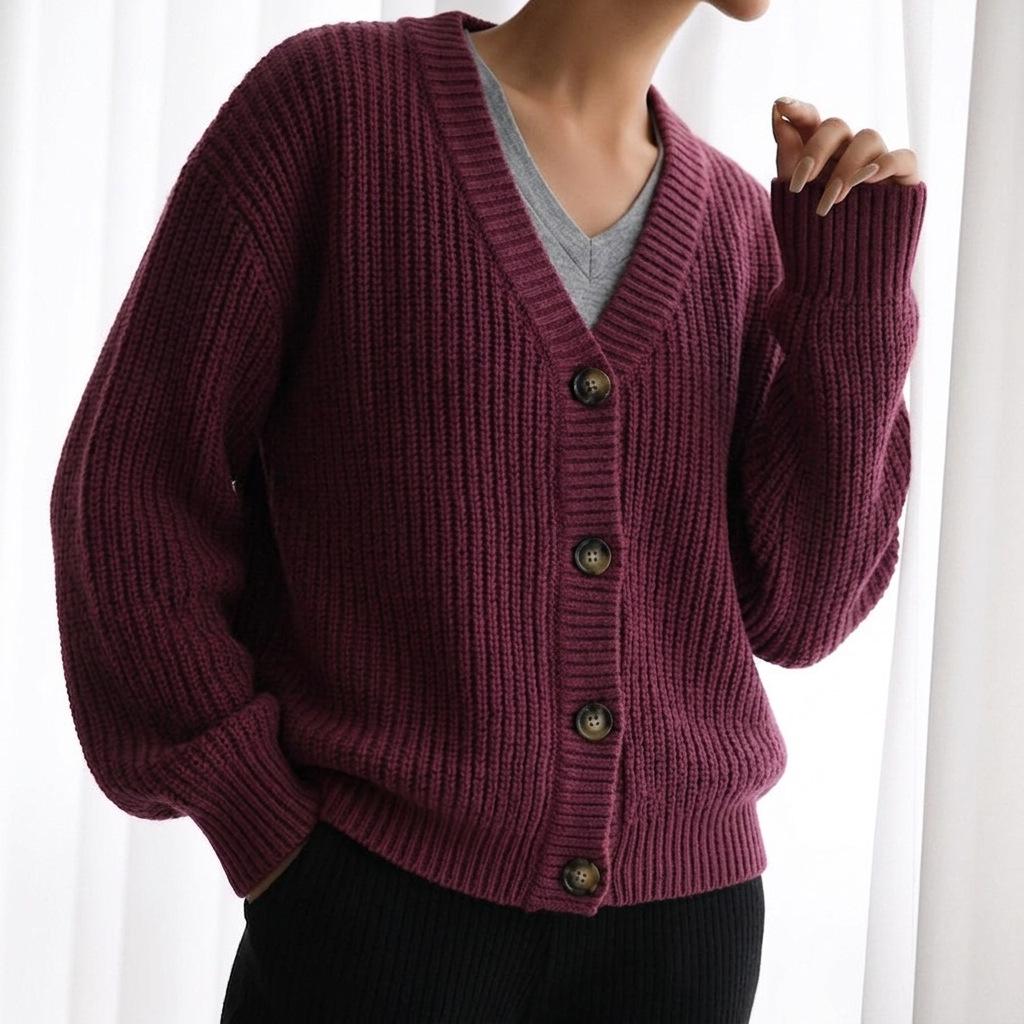 Women's Long-Sleeve V-Neck Cardigan: Solid Color, Single-Breasted, Loose Fit Knit Jacket for Autumn/Winter