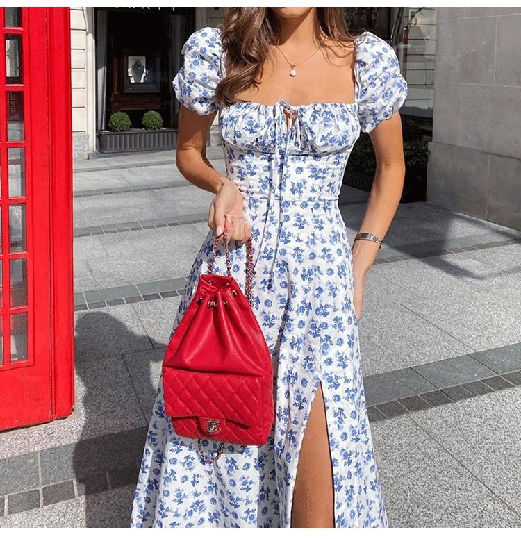 French Floral Print Sleeveless Midi Dress With Side Slits For Summer Casual Women