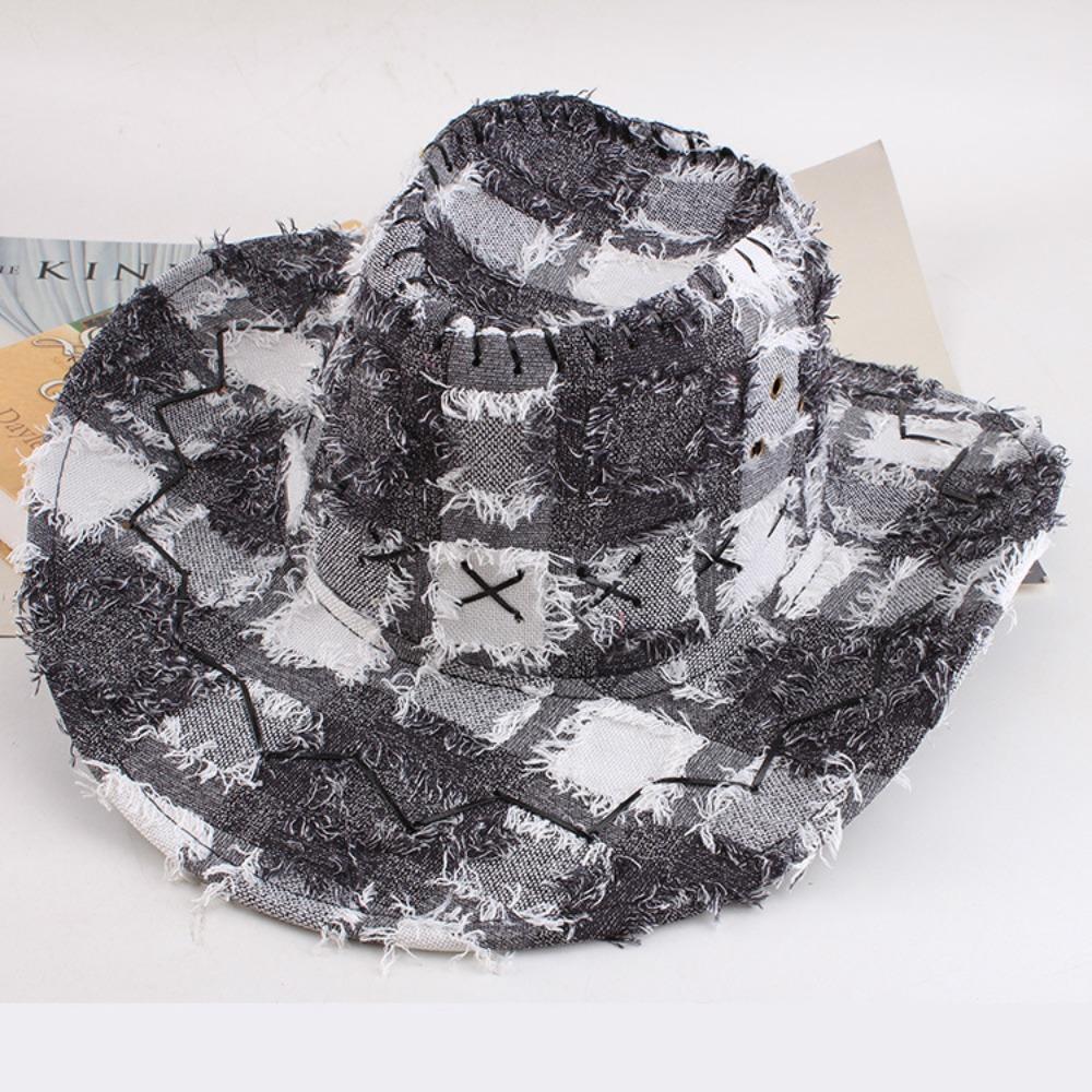 

Adjustable Western Cowboy Hat Y2k Plaid Knight Hat Vintage Wide Brim Sun Hat for Male Female