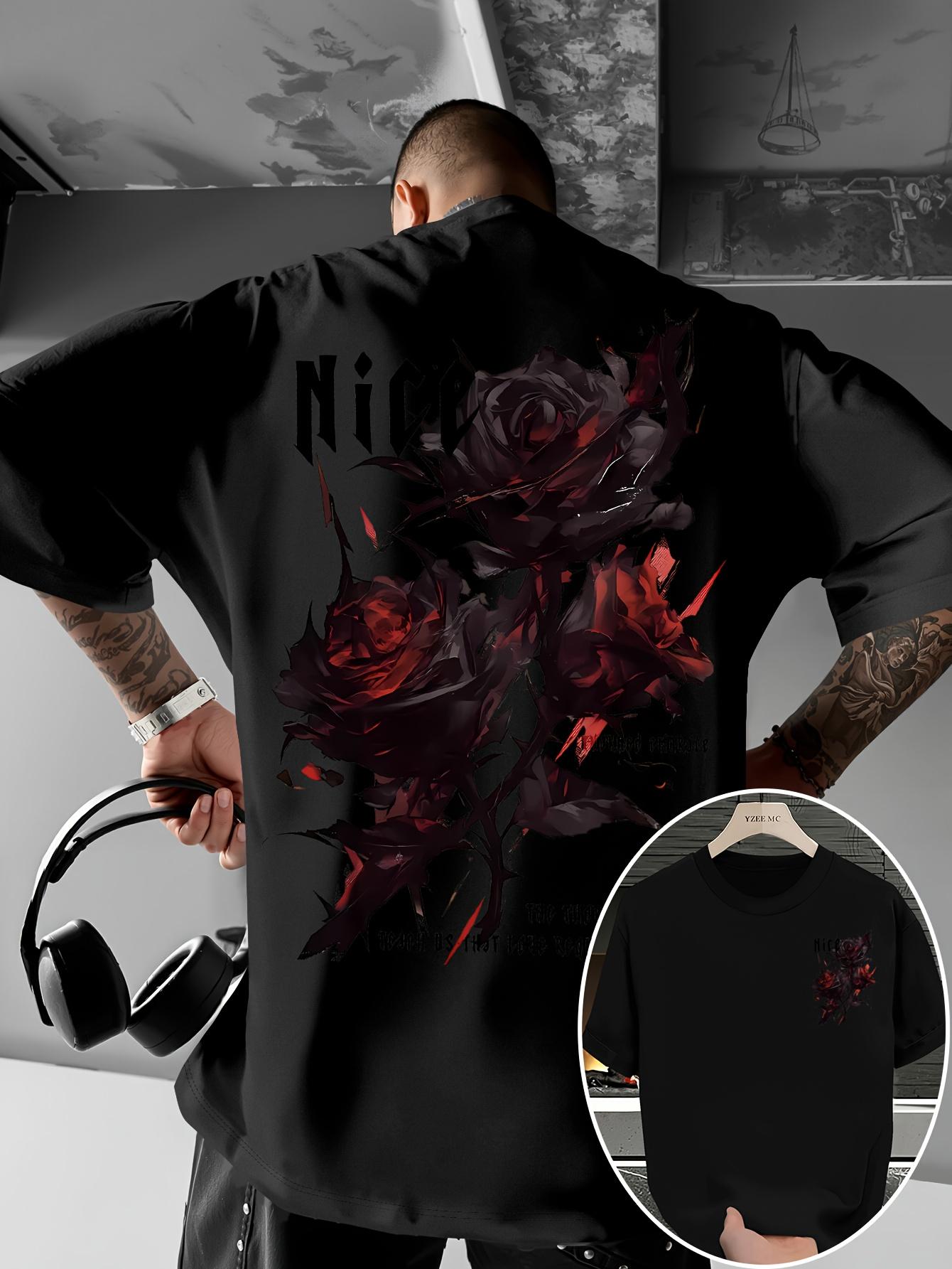 2026 New Style Mens ShortSleeved Retro Style Rose Embroidery Letter Print Pattern TShirt S