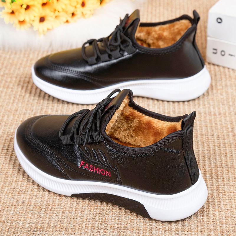 Autumn and Winter New Cotton Shoes Women's Velvet Thickened Leather Waterproof Snow Boots Soft Sole Warm and Casual