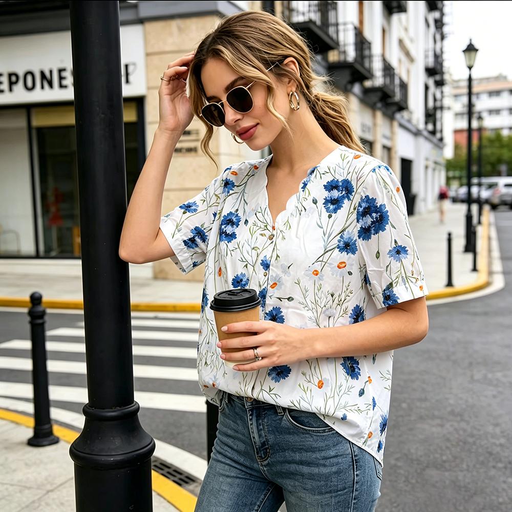 Women's Blue Floral Print Short Sleeve Button Down Shirt, Casual V-Neck Loose Blouse for Summer, Breathable Lightweight Top for Daily Wear & Vacation