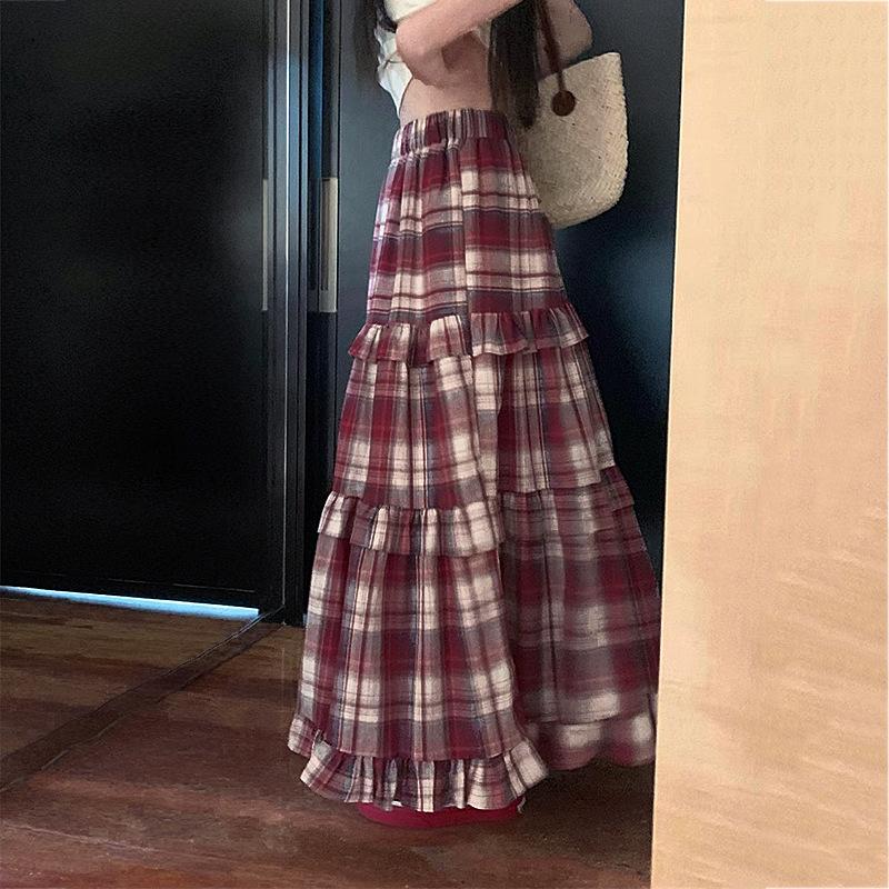 Women's Plaid Print Patchwork Elastic Waist Loose Casual Long Skirt