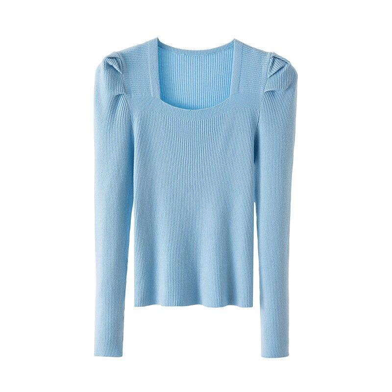 Elegant Square Neck Autumn Sweater Women 2023 Puff Long Sleeve Knitted Pullovers Casual Jumper Fashion Solid Knitwear Women Short Tops 22925