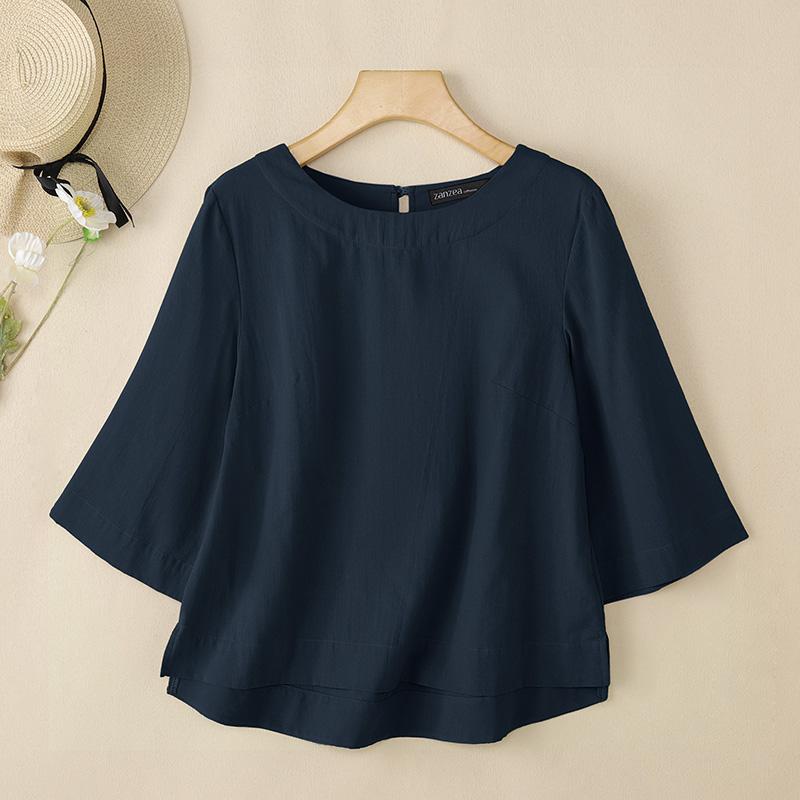 

ZANZEA Женская повседневная однотонная свободная блузка с круглым вырезом и рукавом 3/4 4XL тёмно-синий