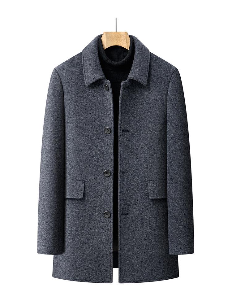 Men's Double-sided Mid-length Wool Coat with Lapel and Casual Down Liner