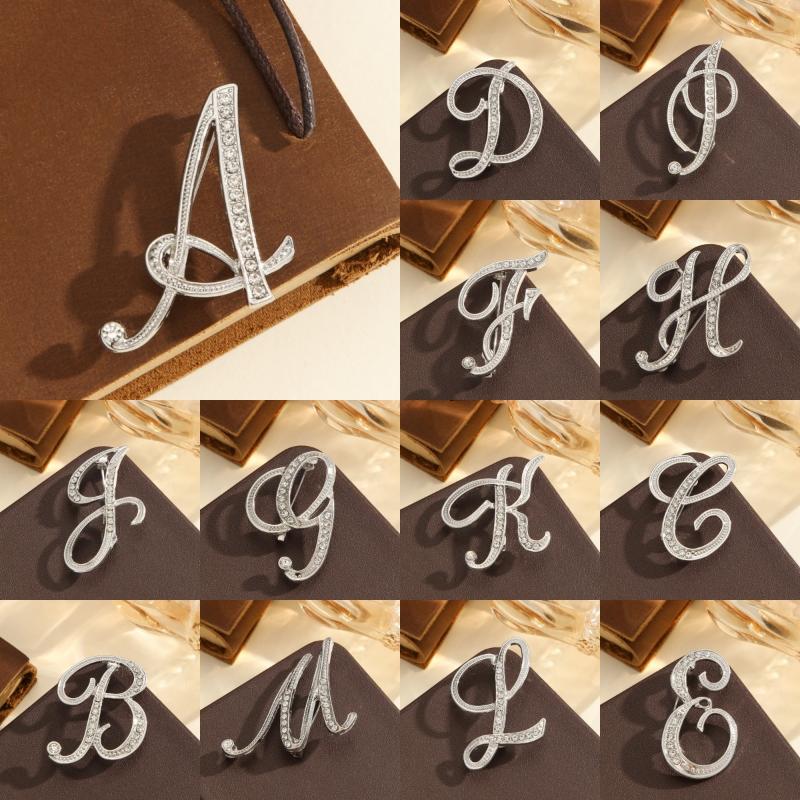 2Pcs  Full  Encrusted Gold And Silver Alphabet Letter Brooches Pins Minimalist Clothing Jewelry Accessory