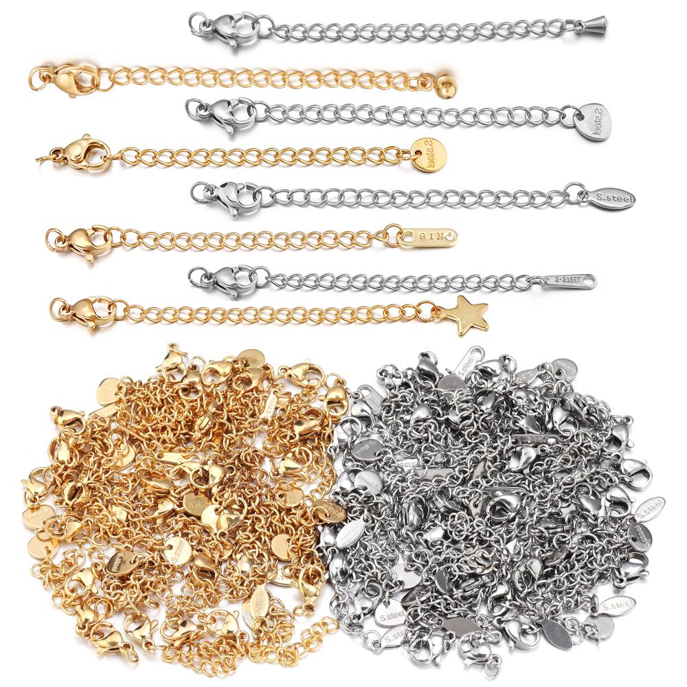 10pcs/lot Stainless Steel Extension Chains Link Jump Rings Lobster Clasps Connectors For Bracelets Necklace DIY Jewelry Making