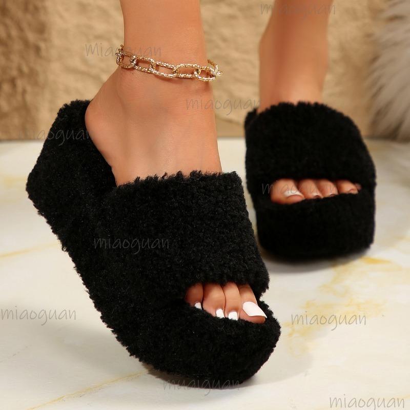 Fashion Platform Women's Slippers Wedge Fluffy Slides Fur Slippers for Women Winter Open Toe Indoor Shoes Comfortable Fashion Sandals
