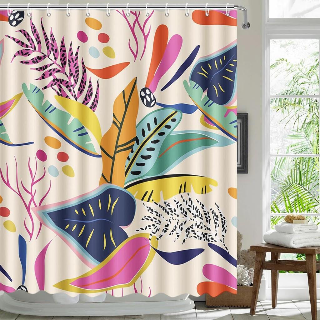 Jungle Boho Shower Curtain Colorful Mid Century Shower Curtains Abstract Floral Asthetic Pastel Modern Contemporary Art Bathroom