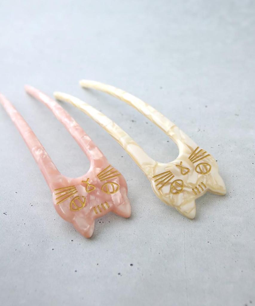 [VINGTAINE] Marble Pattern Cat Kanzashi (Hairpin) - Two-pronged Kanzashi, Tortoiseshell Style, Marble, Japanese Style Hair Accessory for Women