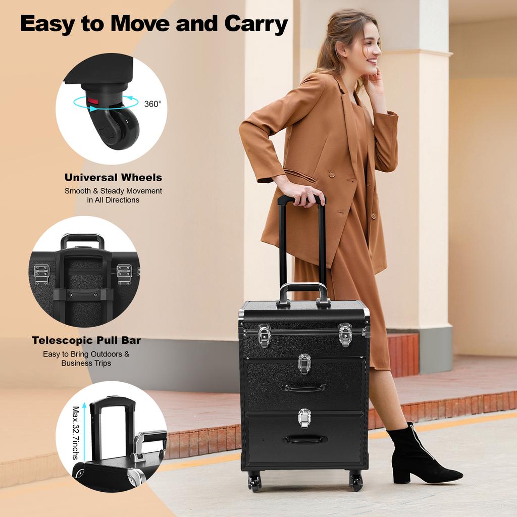 Rolling Makeup Train Case Black Salon Cart Cosmetic Trolley Travel Nail Art Storage Organizer for Face Painting Hairstylist