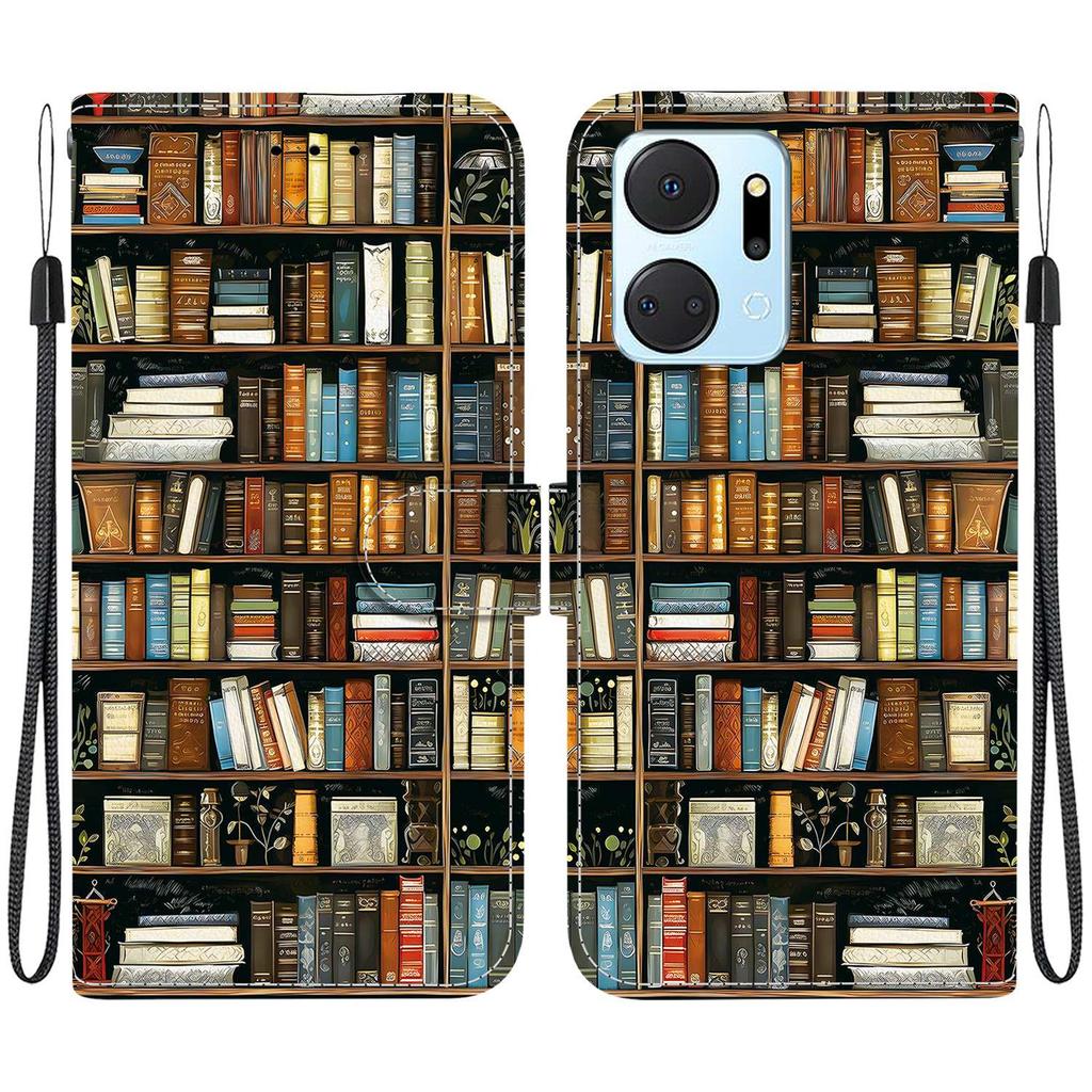Handmade PU Leather Flip Case for Honor X7a Anti-Slip Shockproof Cover with Wrist Strap & Heart/Rose Cat Designs