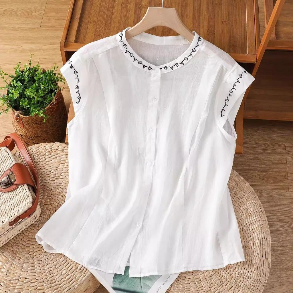 Summer new style unique literary retro sleeveless camisole women's outer wear embroidered vest cotton and linen temperament shirt
