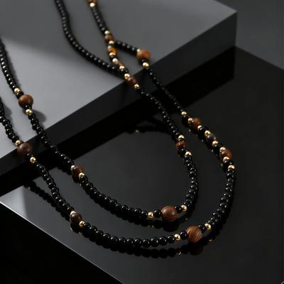 Collier Chaîne en Pierres Naturelles Agate Noire Œil de Tigre pour Hommes, Long Collier Chaîne Rétro pour Pull, Bijou Mode Bohème Cadeau