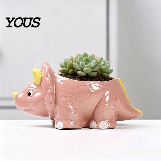 Small Plant Holder for Office Ceramic Dinosaur Planter, Cartoon Flower Pot with Drainage Hole, Cute Animal Dino Succulents, Indoor Outdoor Home