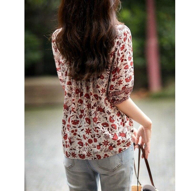 Summer V-neck Chiffon Shirt Women Floral Print Vintage Blouses Women Casual Female Shirts Short Sleeve Tops Clothes 22214