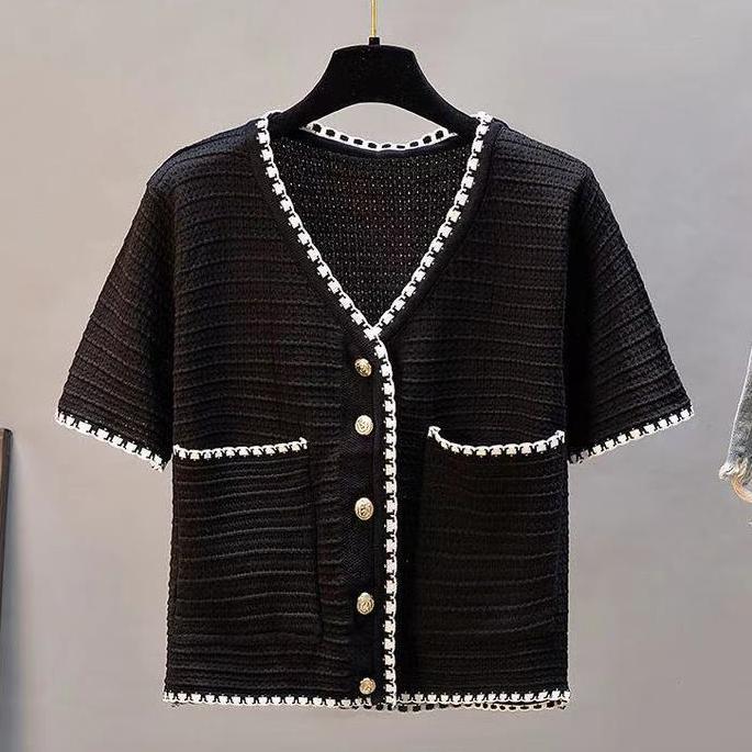 

Женский весенне-летний винтажный кардиган, элегантная бело-черная футболка с v-образным вырезом и коротким рукавом S чёрный