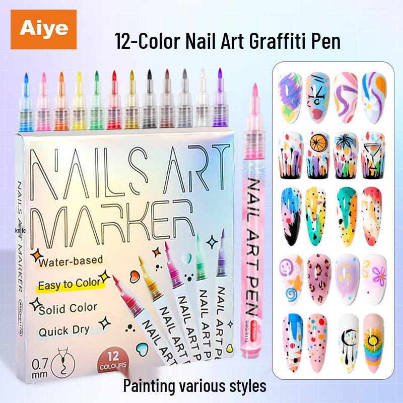 12-Color Quick Dry 0.7MM Nail Art Graffiti Pen Set - Acrylic Paint, Liner, and Dotting Tool