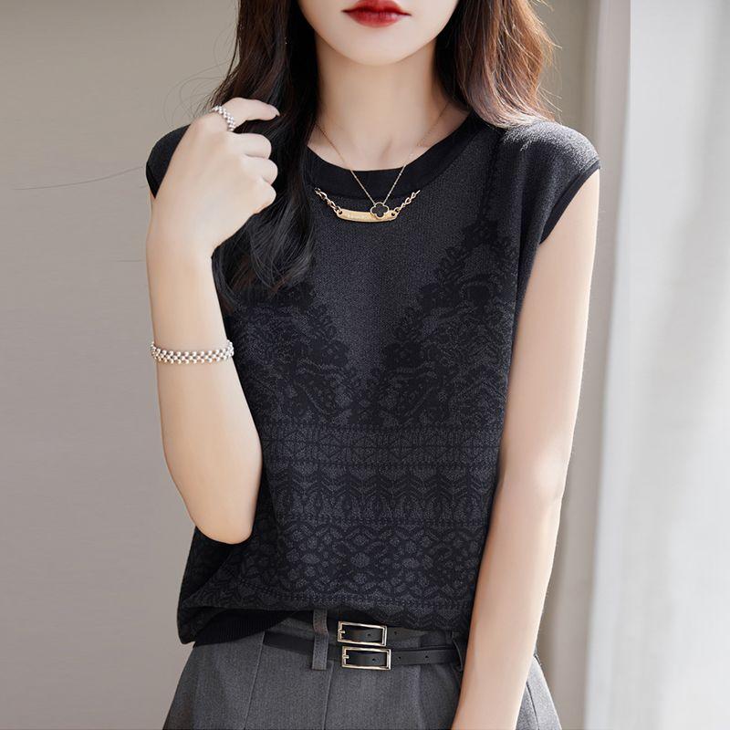 Temperament Sommer Neu Dünner Stil Eis Seide Damen O-Ausschnitt Einfarbig Jacquard Webart Kette Mode Elegant Ärmellos Locker Gestrickte Oberteile