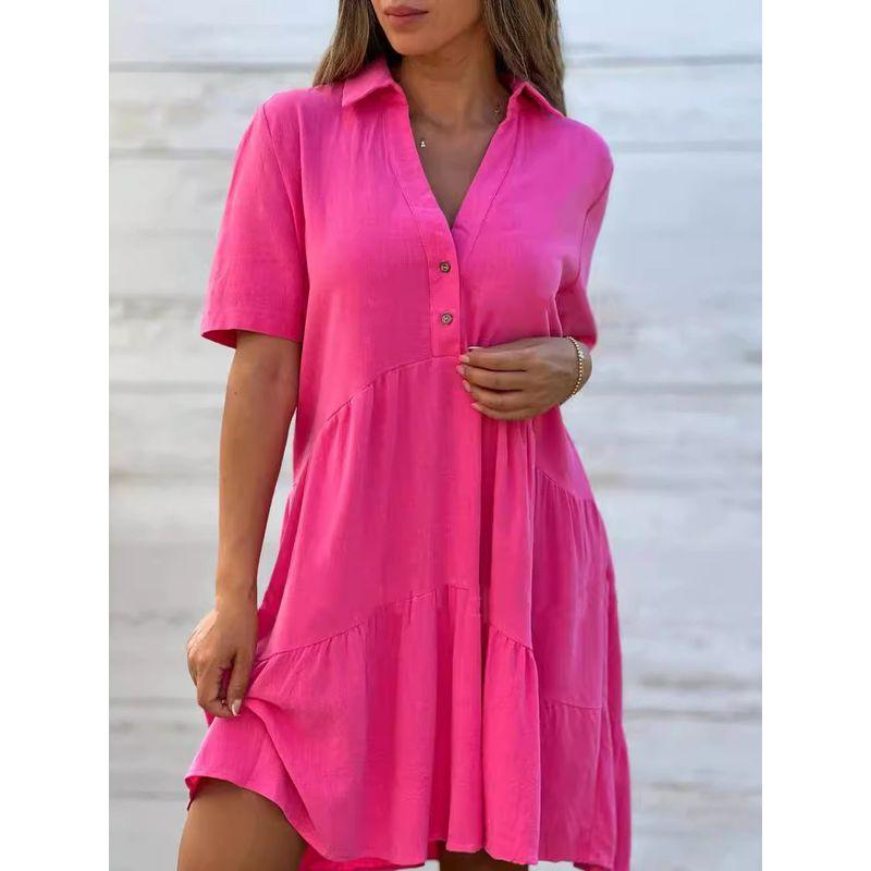 Loose Solid Color Lapel Casual Dress Loose Solid Color Polo Collar Casual Dress